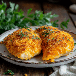 Cheese-cracker-crusted chicken served fresh