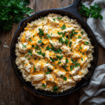 Chicken Cheese & Rice Skillet in cast iron skillet